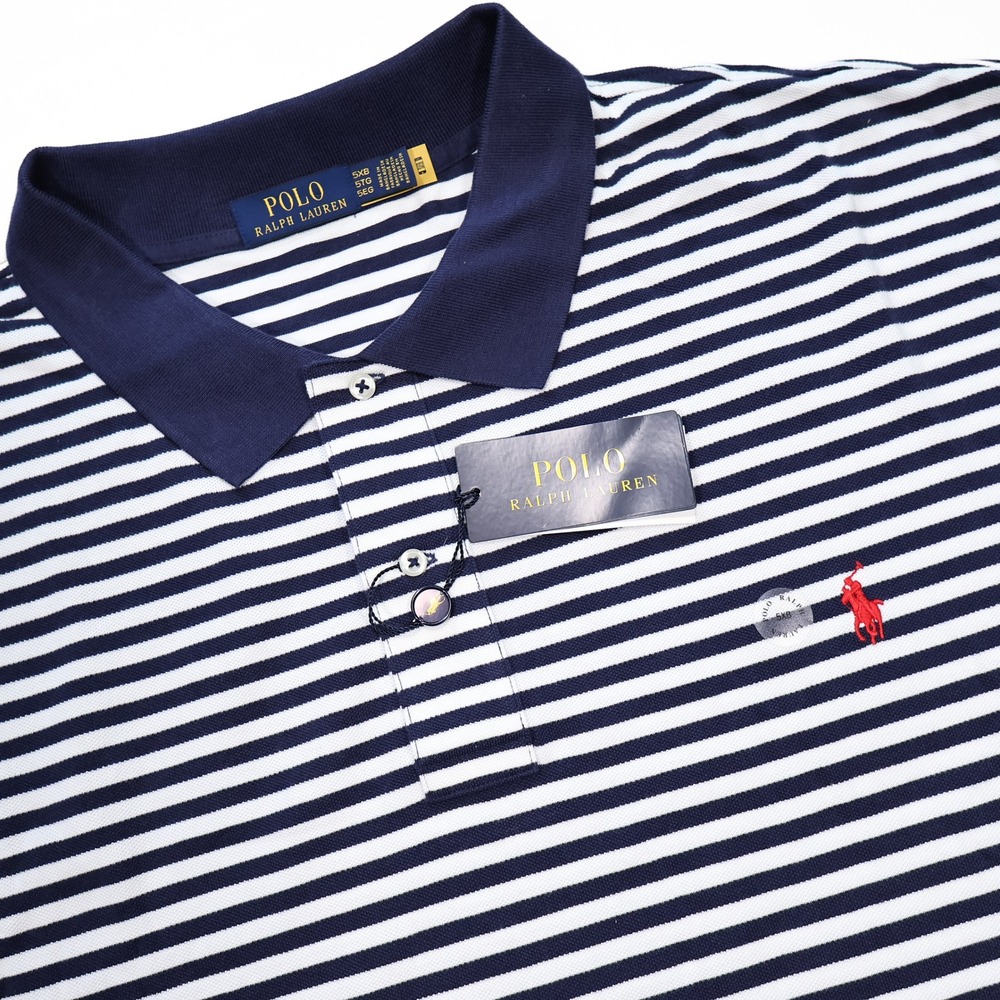 NWT POLO RALPH LAUREN Men's 5XB Newport Navy Blue White Striped Mesh Polo Shirt